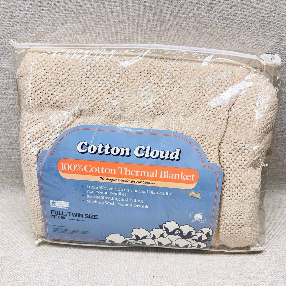Cotton Cloud‎ 100% Cotton Thermal Blanket Full Twin Cream Made in USA New